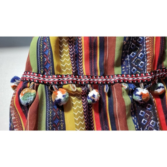 Chelsea & Theodore Boho Striped  Maxi Dress with Pom Poms Long Sleeve Bohemian - Picture 9 of 11